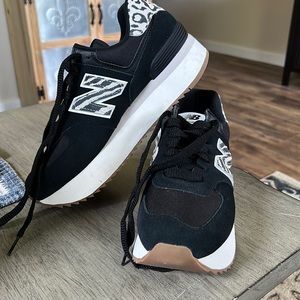 New Balance 574 + Platform Retro Running Shoes / Sneakers - Black / Animal Print